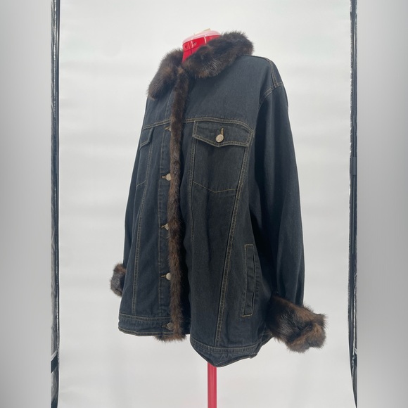 Dennis Basso (Faux) Fur Trimmed Dark Wash Denim Jacket Plus Size - Picture 10 of 16